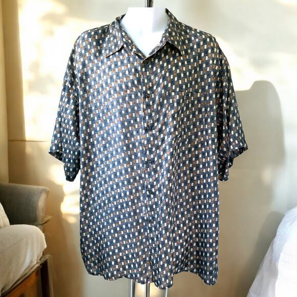 Mens Button Down Shirt XL Silk Blue Pattern By CM Sport - Picture 1 of 16